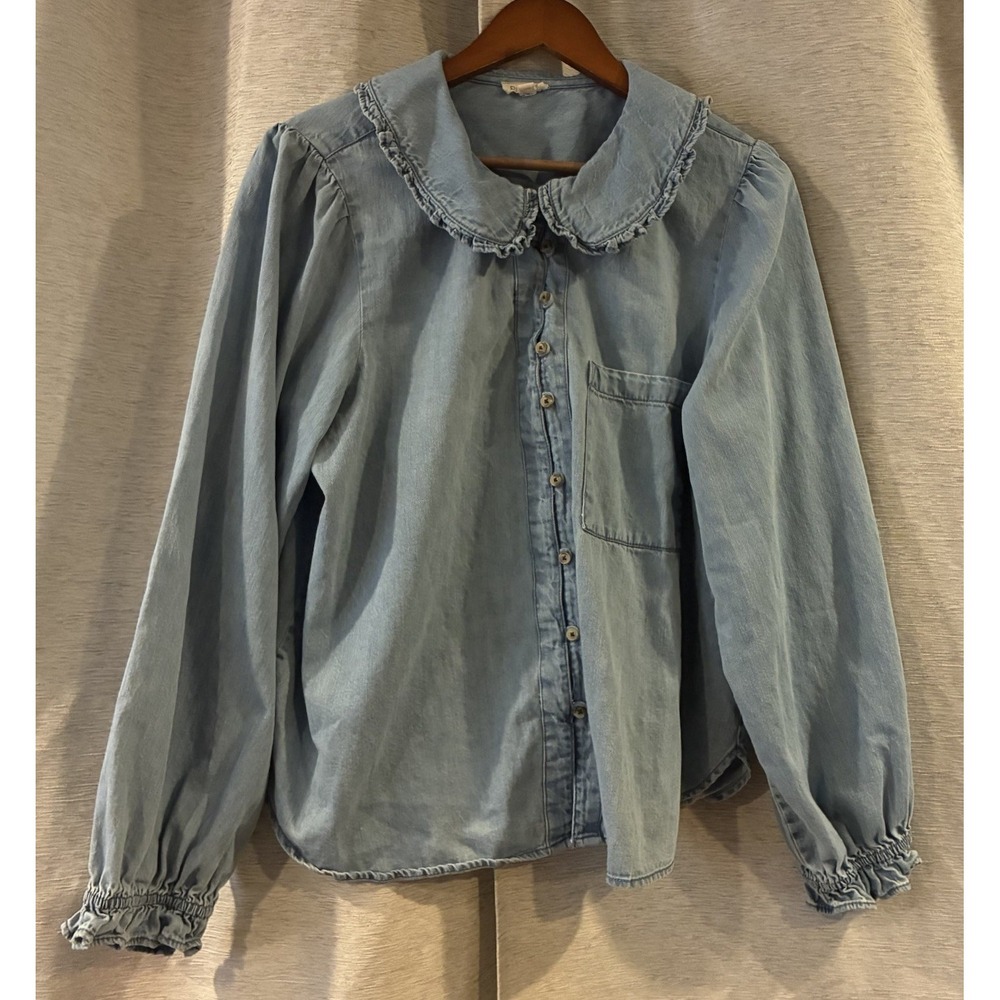 Pilcro Women's XL Blue Cotton Denim Ruffle Collar Long Sleeve Button-Up Shirt